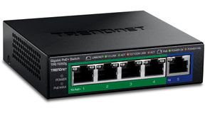 Vier der fünf Gigabit-Ports des TPE-TG50g liefern PoE und PoE+, der fünfte überträgt nur Daten. Das 31-Watt-Budget entscheidet darüber, wie viele Endgeräte tatsächlich gleichzeitig versorgt werden können.  (Bild: Trendnet)