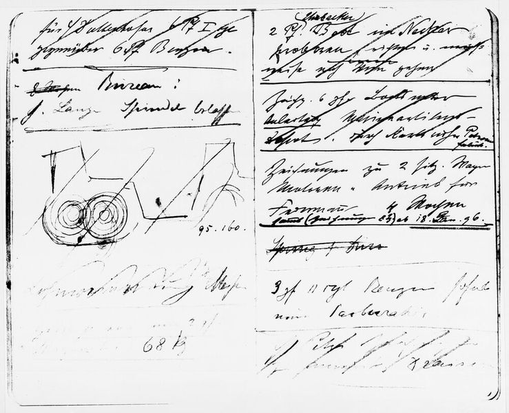 Doppelseite aus einem Notizbuch von Wilhelm Maybach, um 1889. (Mercedes-Benz AG)