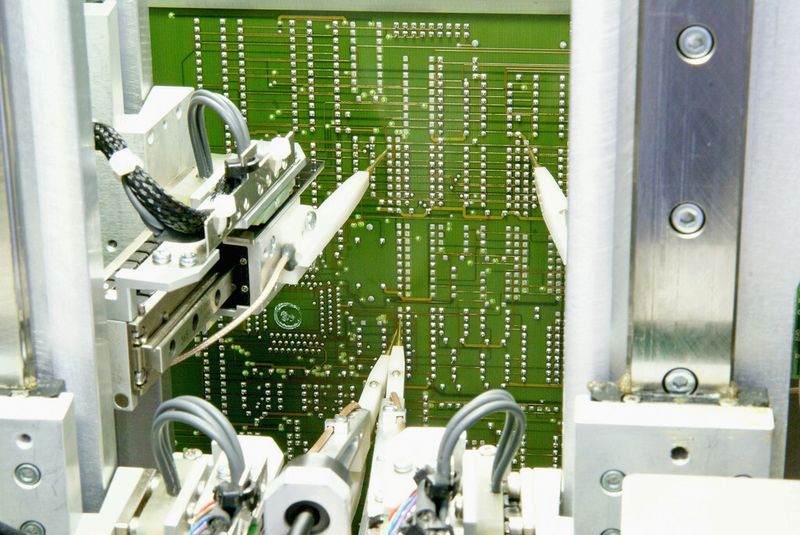 Leiterkarte eingespannt in Flying Probe Tester: Nachdem die Leiterkarte eingespannt wurde, wird das Programm gestartet und alle elektrischen Verbindungen der Bauteile zueinander werden gemessen. (Bild: DB Fahrzeuginstandhaltung)