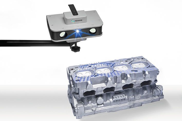 Hier scannt der Prime Scan von Aicon ein Gussteil ein. Der Scanner wiegt nur 3 kg und ist mit vorkonfigurierten Anwendungsvarianten für Einsteiger geeignet. (Aicon)