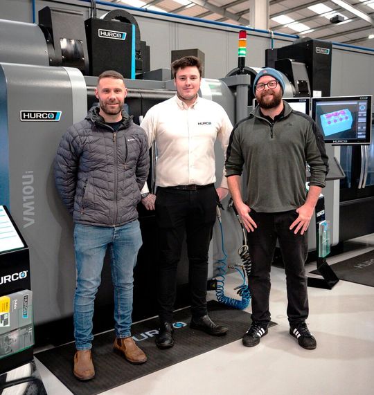 North Axis directors Andy Battensby (left) and Dale Robson (right) with Jack Brown (centre), Hurco Europe’s Sales Engineer for the North East of England. They are pictured at Hurco’s open house last December with the 5-axis VM10Ui machining centre the subcontractor has purchased.(Source:  Hurco)