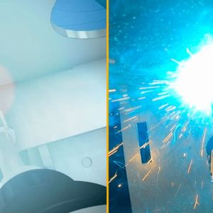 Schweißprogramm in der OLP-Software (links) und physisches Schweißen in der Werkstatt (rechts).(Bild:  Visual Components)