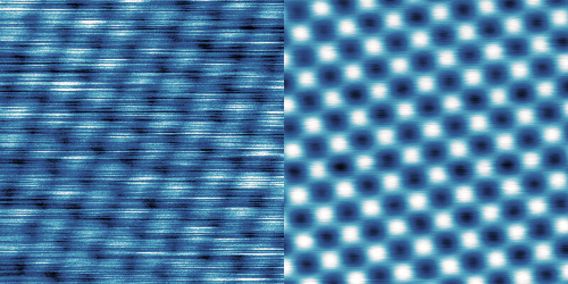 Eindrucksvolle Resultate: Eine Aufnahme einzelner Atome – links ohne Vibrationsdämpfung, rechts mit Vibrationsdämpfung (TU Wien)