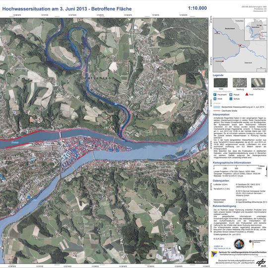 Das Satellitenbild von Passau zeigt deutlich anhand der roten Linien (überflutete Straßen), dass praktisch die gesamte Altstadt unter Wasser steht(DLR)