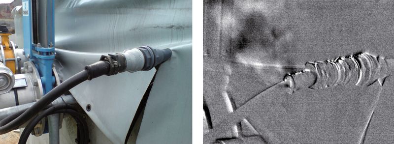 Im sichtbaren Bereich des Spektrums erkennt man nichts. Die Wärmebildkamera, in diesem Fall eine Flir-GF-320, visualisiert das Gasleck an einer Kabeldurchführung als schwarzen Rauch im (bewegten) Videobild. (Bild: Flir Systems)