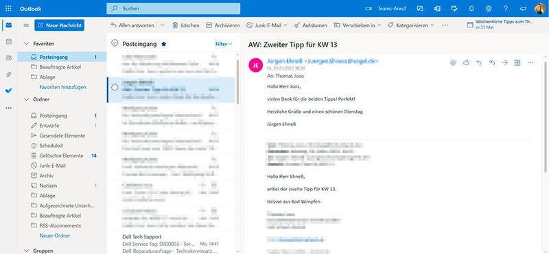 Die webbasierte Oberfläche von Outlook in der Browseransicht. (Joos)