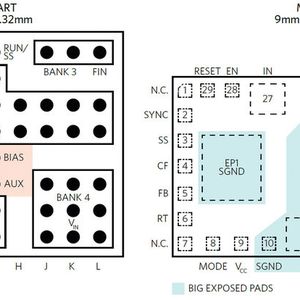 Bild 4: Vergleich der Anschlussanordnung bei einem Maxim-Modul in QFN-Bauweise (rechts) und einem älteren Grid-Array-Layout (links).(Bild:  Maxim)