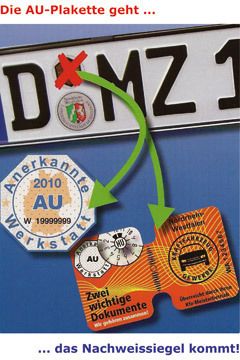 Eines geht, zwei kommen: Die bekannte AU-Plakette am vorderen Kennzeichen entfällt bei allen Fahrzeugen. Das neue Klebesiegel (li.) mit zusätzlicher Zangenprägung ersetzt das bekannte rote Siegel auf dem AU-Nachweis. Ein „Bindesiegel“ (re.) verbindet den AU- mit dem HU-Ausdruck. (Archiv: Vogel Business Media)