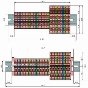 Klemmenleiste nach elektrischen Funktionen aufgebaut (oben). Klemmenleiste durch den Weidmüller Configurator mit passendem Zubehör komplettiert (unten).