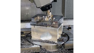 Close-up of Op 2 in progress on a P20 tool steel die nest. (Hurco)