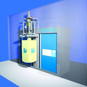 Um die Grenze zwischen verschiedenen Hygienebereichen mit einem gefüllten Big-Bag überschreiten zu können, wurde ein neues Konzept entwickelt. Wie bei einem Revolver werden die Big-Bags in Position gedreht. weiter