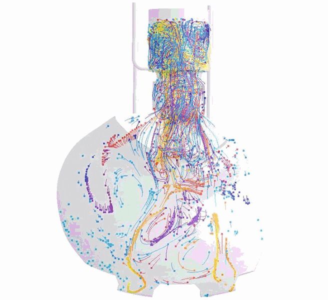 Bild 6: Eine simulierte Strömung hilft, schädliche Turbulenzen während der Formfüllung durch richtiges Auslegen des Gießsystems zu vermeiden, wie das Strömungsbild einer 12 t schweren Kaplanschaufel zeigt, die in Turbinen von Wasserkraftwerken zur Anwendung kommt. Bild: Voith Paper (Archiv: Vogel Business Media)