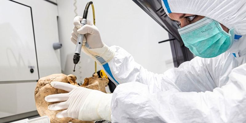 Fig. 1: Toma de muestras en el laboratorio de ADN antiguo del Instituto EURAC de Investigación sobre Momias, en Bolzano.(Imagen: Eurac Research / Ivo Corrà)