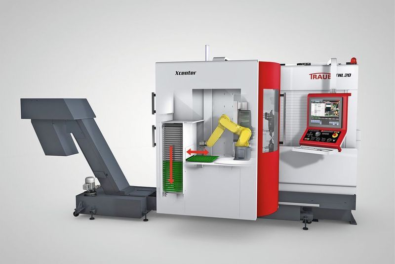 Für die automatisierte Fertigung von Sägeabschnitten oder vorgeformten Werkstücken steht eine in die Maschine integrierte Roboterzelle zur Verfügung. (Index)