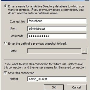 Abbildung 1: AD-Explorer speichert die Verbindung zur Domäne bis auf das Kennwort. Im ersten Gebrauch, wenn noch kein Snap-Shot vorhanden ist, meldet man sich immer an die Domäne an. Wie Snap-Shots erstellt werden, zeigen folgende Bilder. Das zweite Optionsfeld verwendet man, um die Daten eines Snap-Shots zu laden.