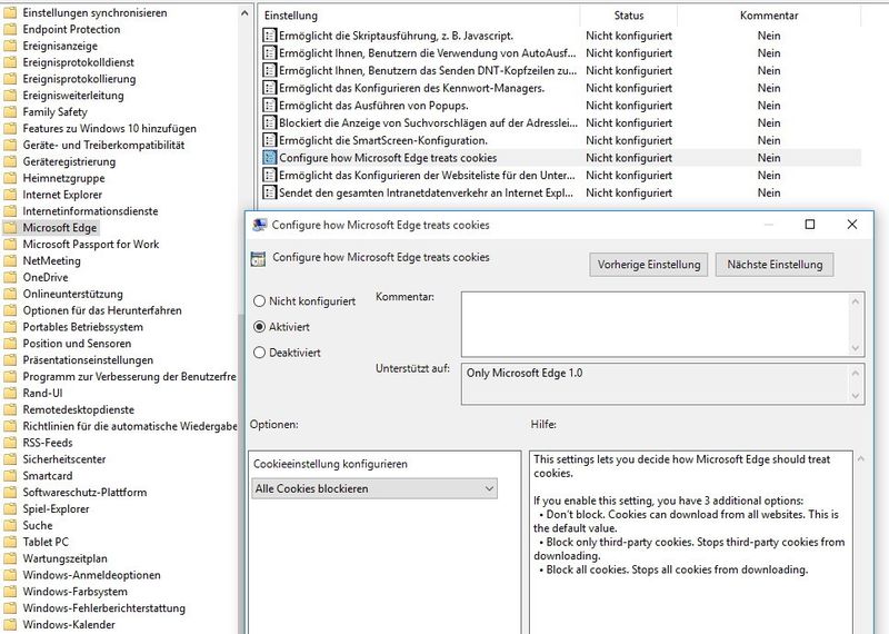Auch Microsoft Edge lässt sich generell über Gruppenrichtlinien steuern, bietet hier allerdings nicht sehr viele Möglichkeiten. Generell geht es bei den Einstellungen um Sicherheitskonfigurationen. Zu finden sind diese über „Computerkonfiguration\Richtlinien\Administrative Vorlagen\Windows-Komponenten\Microsoft Edge“. Hier lassen sich zum Beispiel Cookies verbieten oder die Skriptausführung in Edge blocken. (Bild: Thomas Joos)