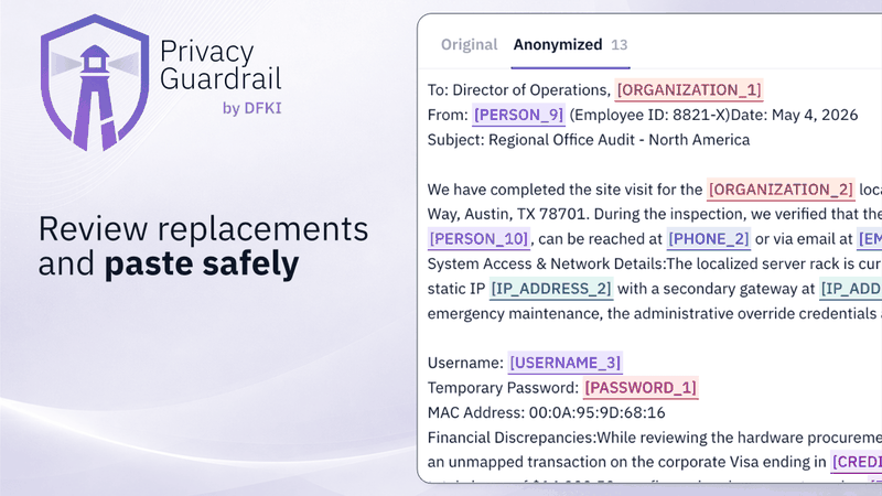 Privacy Guardrail addresses the exact moment when confidential text becomes an AI prompt.(Image:   DFKI)