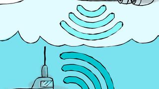 Forscher des MIT Media Lab haben ein System entwickelt, mit dem Unterwasser- und Luftsensoren direkt Daten austauschen können. Ein Unterwassersender leitet ein Sonarsignal an die Wasseroberfläche und verursacht winzige Schwingungen, die binär übertragenen Einsen und Nullen (1 und 0) entsprechen. Über der Oberfläche liest ein hochempfindlicher Empfänger diese winzigen Störungen aus und dekodiert das Sonarsignal. (Christine Daniloff/MIT)