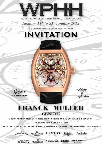 Affiche d'invitation à la World Presentation of Haute Horlogerie du 14 au 21 janvier chez Franch Muller, Genève. (Image: WPHH)