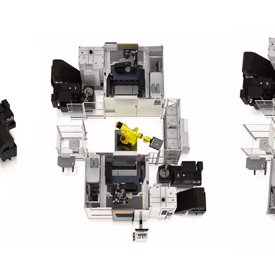 Exemple d'ergonomie et de modularité de la MILL P 800 U S, avec la possibilité d'ajouter d'autres machines à la cellule. Exemple d'ergonomie et de modularité de la MILL P 800 U S, avec la possibilité d'ajouter d'autres machines à la cellule.