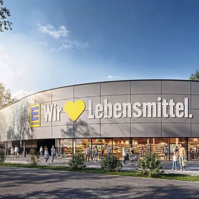 Zusammen mit Edeka Südbayern baut die Jepsen-Autogruppe das frühere Porsche-Zentrum Regensburg zu einem Supermarkt mit Vollsortiment um. (Bild: Omlor-Weigert Architekten)