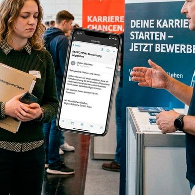 Wer heute als junger Mensch einen Job sicht, wird häufiger als früher enttäuscht. Experten haben analysiert, woran das liegt. Außer generellen Problemen die derzeit global wirken, ist auch die künstliche Intelligenz dafür verantwortlich, eine Absage zu kassieren ... (Bild: KI-generiert)