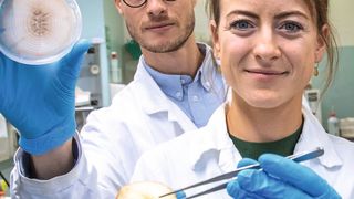 (v.r.) Birgit Wassermann und Peter Kusstatscher vom Institut für Umweltbiotechnologie der TU Graz und dem Austrian Center of Industrial Biotechnology (Ausschnitt) (Lunghammer – TU Graz)