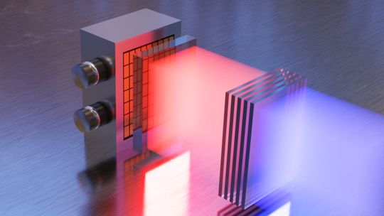 Visualization of a diode laser module with beam shaping for pumping stacked-plate ampli-fiers in high-energy lasers. Such diode laser pump modules are considered key components for the fusion power plants of the future(Source:  Fraunhofer ILT)