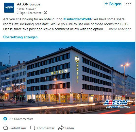 Besondere Situationen machen erfinderisch: AAEON Europe stellt auf LinkedIn kostenlose Zimmer zur Verfügung. (Bild: LinkedIn)