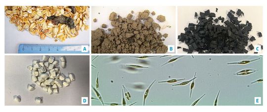 Abb.2: Proben mit temperaturempfindlichen Substanzen: A) Müsli, B) Bodenprobe, C) schwarzer Kunststoff, D) Tabletten, E) biologische Zellen(Bild:  Retsch)