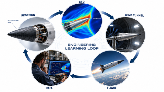 CFD, tunnel measurements and flight data answer different questions. The loop closes only when analysis changes the next experiment.(Source:  KI-generiert / Imagen)
