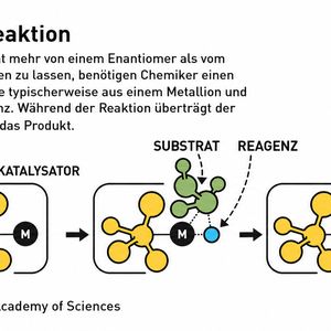 Illustration d'une réaction impliquant des molécules chirales : en général, le produit est un mélange d'énantiomères composé des variantes gauche et droite de la molécule.(Bild:)