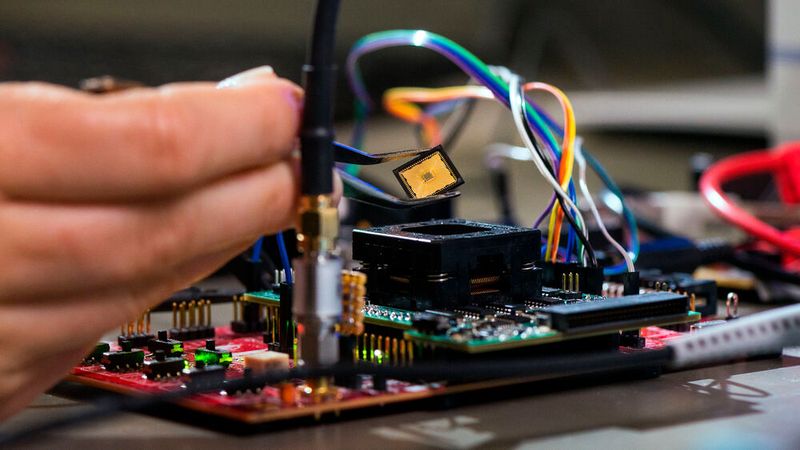 Platzierung des Chips auf der Testplatine: Tim Fritzmann, wissenschaftlicher Mitarbeiter am Lehrstuhl Sicherheit in der Informationstechnik, platziert den Chip mithilfe einer Pinzetteauf der Testplatine. Über den Prozessorsockel kann der Chip schnell aus- und eingebaut werden.(Bild:  Astrid Eckert / TUM)