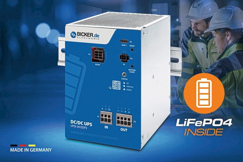 DC-Notstromversorgungslösung «Made in Germany» Bicker UPSI-2415DP3 (24V / 15A / 360W) mit integriertem LiFePO4-Hochleistungsbatteriepack und USB-C- / RS485-Modbus-Schnittstellen. (Bild: Bicker)