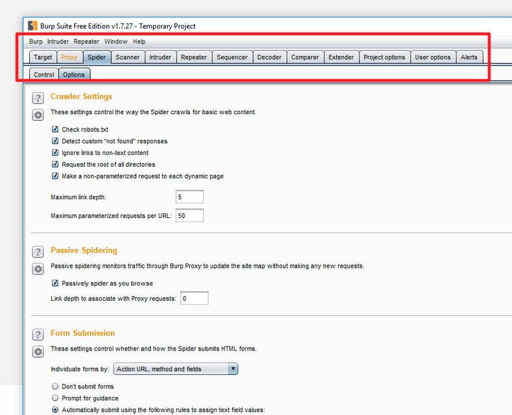 Im oberen Bereich des Burp-Suite-Fensters sind die verschiedenen Module zu sehen, mit denen die Lösung nach Schwachstellen suchen kann. Dazu gehören Spider, Scanner, Intruder, Sequencer und die ganzen anderen Dienste. (Th. Joos)