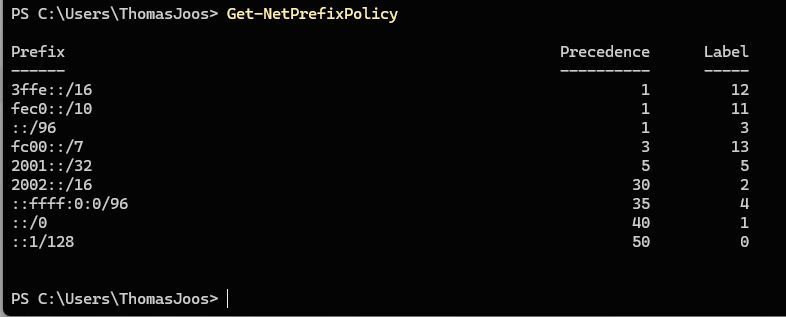 PowerShell-Ausgabe von Get-NetPrefixPolicy bildet die interne Präfixbewertung des Windows-Netzwerkstacks strukturiert nach Precedence und Label ab. (Bild: Joos | Microsoft)