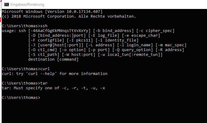 In Windows 10 sind auch Linux-Befehle wie SSH, Curl und Tar verfügbar. (Joos / Microsoft)