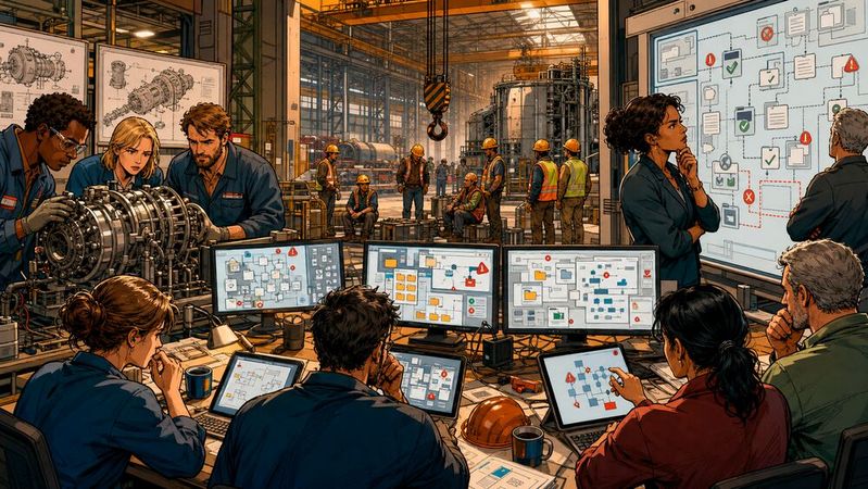 Fehlt bei industriellen Großprojekten eine klare Struktur der dafür notwendigen Dokumente, entstehen schnell Qualitätsprobleme, Projektverzögerungen und Compliance-Risiken.(Bild:  KI-generiert)