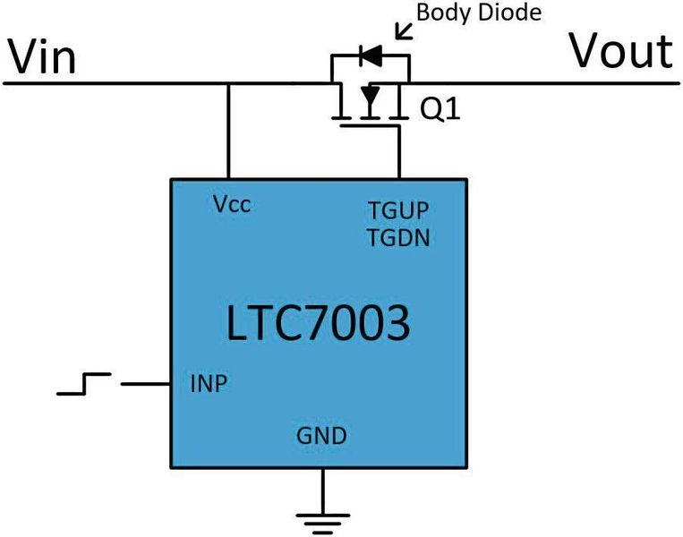 Bild 1: Schalten einer Versorgungsleitung mit einem N-Kanal MOSFET und einer getrennten Ansteuerschaltung mit dem LTC7003.  (ADI)