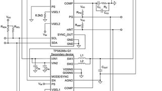 Bild 1:  Zwei für ADAS optimierte Abwärtswandler des Typs TPS62883-Q1 in kaskadierter Konfiguration. (Bild: TI)