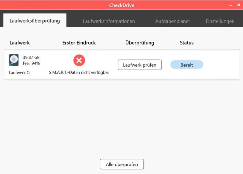 Anzeigen der ersten Informationen und Starten von Laufwerkstests in CheckDrive 2022. (Joos (Screenshot))