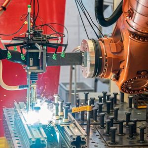 Versuchsaufbau mit robotergeführter Bolzenschweißanlage und ringförmig angeordnetem Mikrofonarray. So können die charakteristische Prozessakustik erfasst und Trainingsdaten für die KI-gestützte Qualitätsbewertung gewonnen werden. (Bild:  Fraunhofer IDMT)
