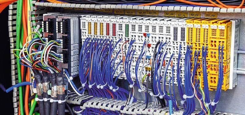 Die zweikanaligen Servomotor-Ethercat-Klemmen ELM7212 zur Ansteuerung der Servomotoren AM8100 des Turmmagazins lassen sich platzsparend in jeden Ethercat-Klemmenstrang integrieren. (Bild: Beckhoff)