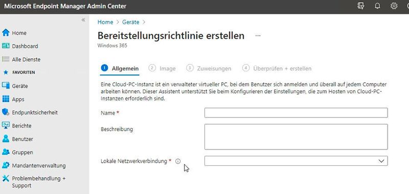 Erstellen von Bereitstellungsrichtlinie für die Bereitstellung von Windows 365 Enterprise über Endpoint Manager. (Joos)