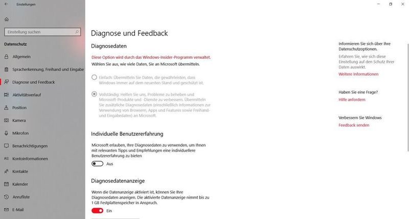 In den Windows-Einstellungen für Datenschutz – Diagnose und Feedback gibt es in Zukunft die Option, die Diagnosedatenanzeige zu aktivieren. Derzeit ist sie nur in Insider-Vorversionen von Windows 10 enthalten. (Vogel IT-Medien / Microsoft)