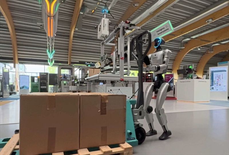 Kollege Maschine: In der Smart Factory in Lemgo übernehmen humanoide Roboter probehalber logistische Aufgaben wie das Bewegen von Paletten. (Bild: Fraunhofer IOSB)