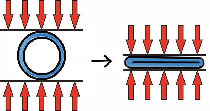 Abb. 3: Der Rohrquerschnitt kollabiert zunächst in 8 - ähnlicher Form und wird zu zwei Platten gequetscht, die - so gefertigt - Druck auf breitem Querschnitt tragen.  (KIT)