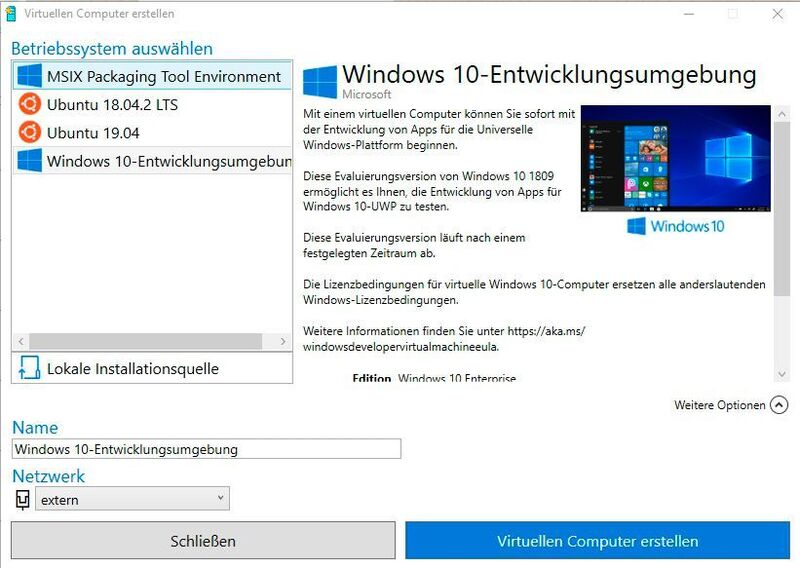 Windows 10 mit Assistenten in Hyper-V installieren – auch als Entwicklungsumgebung aus dem Internet. (Joos / Microsoft)