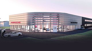 10,5 Millionen Euro für Destination Porsche: AVP Autoland baut das neue Porsche-Zentrum Niederbayern gemäß dem jüngsten Architekturstandard der Marke. (Bild: Grafik: Thomas Gollner)