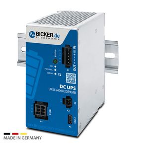 DC-Notstromversorgungslösung Bicker UPSI-2406R2DP1MB (24 VDC / 4 A / 96 W) mit integriertem Li-Ion-Batteriepack und USB-C- / RS485-Modbus-Schnittstellen.(Bild:  Bicker)
